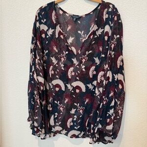 Lucky Brand Floral V-Neck Blouse - Black and Burgundy